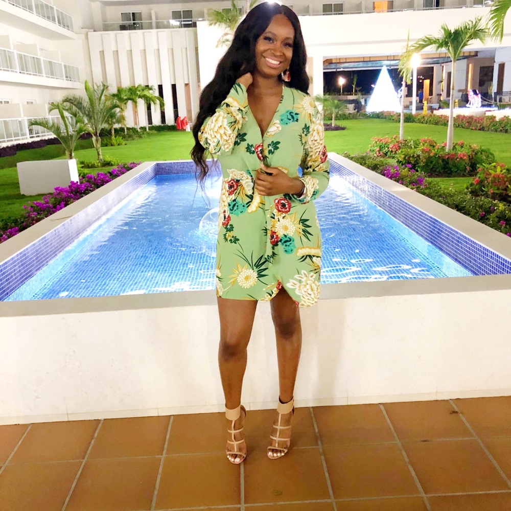 PLT Sage Green Printed Long Sleeve Wrap Dress